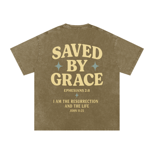 "Saved By Grace" Grey Green Acid Wash Tee