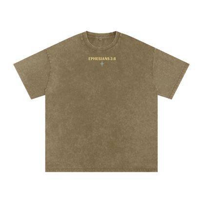 "Saved By Grace" Grey Green Acid Wash Tee
