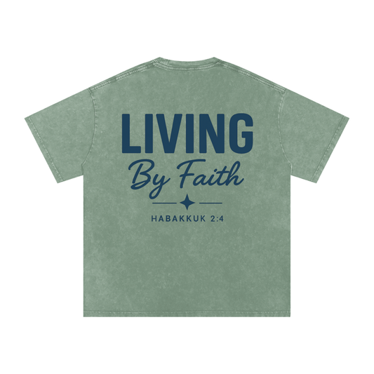 "Living By Faith" Green Acid Wash Tee